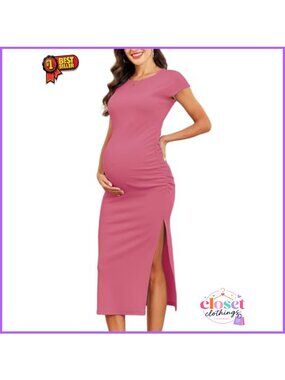 Ribbed Maternity Midi Dress Short Sleeve Split Ruched Pregnancy Casual
